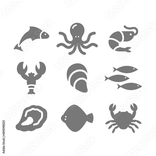 Seafood, fish and lobster vector icons. Sea, ocean food with oyster, octopus and mussels icon set.