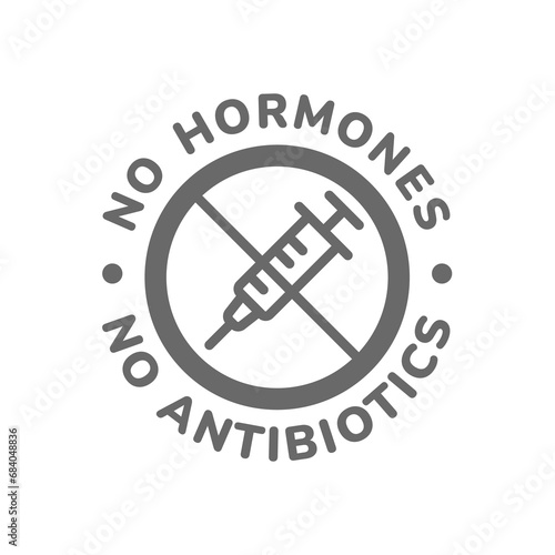 No hormones vector label. No antibiotics added circle with syringe.