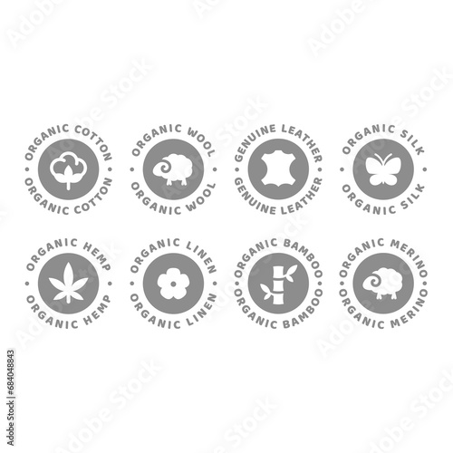 Organic hemp, bamboo and cotton vector label set. Natural linen, leather and silk labels.