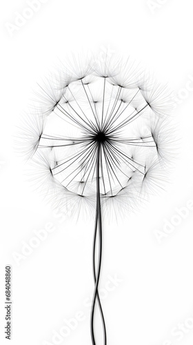 Dandelion on a white background. Minimalistic monochrome botanical design. Black and white illustration.