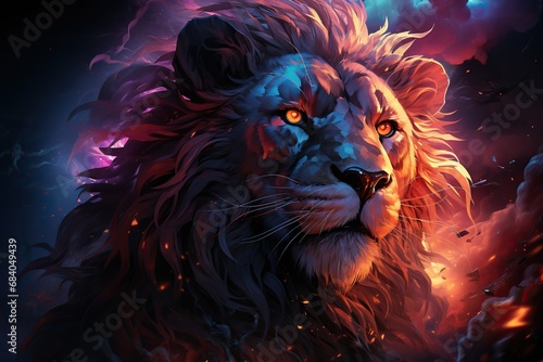 A photo of lion head with neon lights red eyes wallpaper concept. Generative AI