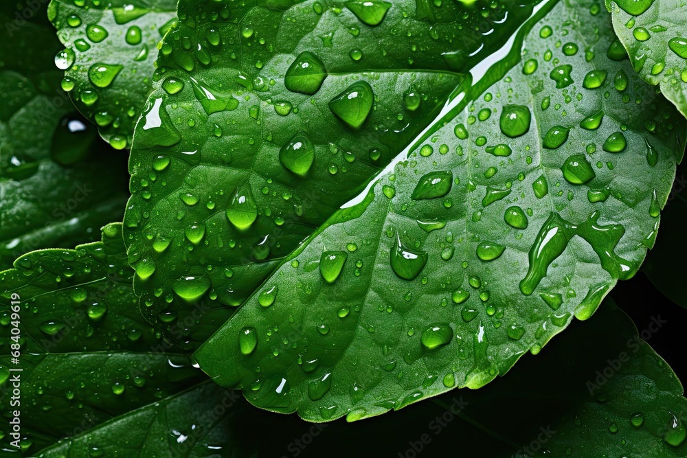 Nature elegance. Vibrant green plant with raindrops providing detailed macro view of dew covered leaves in refreshing and organic outdoor setting Nature elegance. Vibrant green plant with raindrops providing detailed macro view of dew covered leaves in refreshing and organic outdoor setting