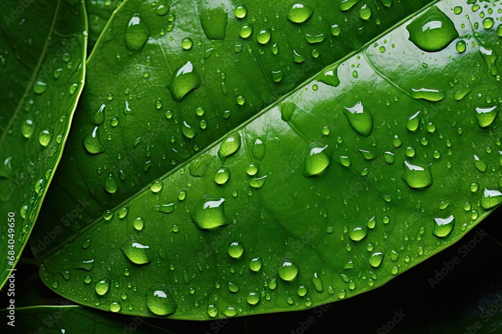 Nature elegance. Vibrant green plant with raindrops providing detailed macro view of dew covered leaves in refreshing and organic outdoor setting Nature elegance. Vibrant green plant with raindrops providing detailed macro view of dew covered leaves in refreshing and organic outdoor setting