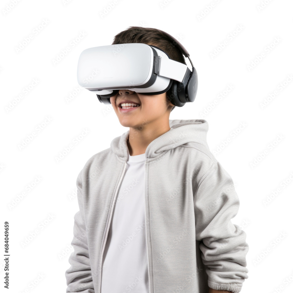 Kid wear headset to experience virtual reality transparent background Kid wear headset to experience virtual reality transparent background