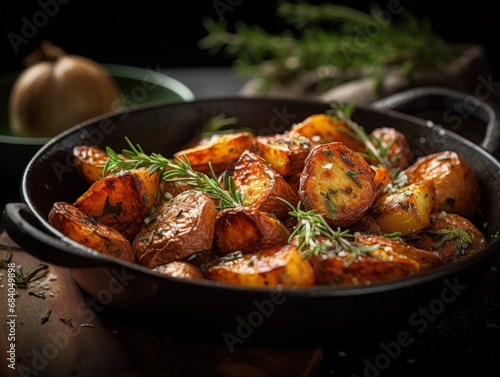 Herb-infused roasted potatoes in a rustic dish, highlighted by the warm glow of soft, ambient lighting. Perfectly golden and seasoned, these potatoes offer an inviting