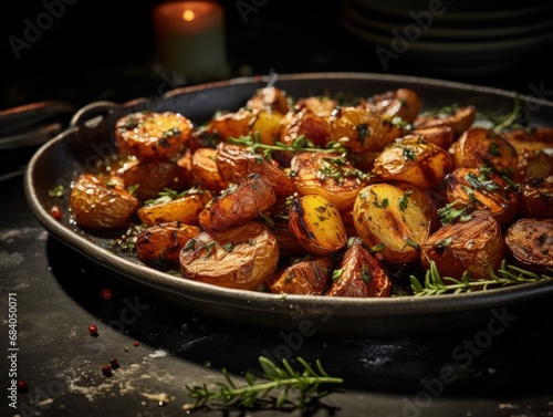 Herb-infused roasted potatoes in a rustic dish, highlighted by the warm glow of soft, ambient lighting. Perfectly golden and seasoned