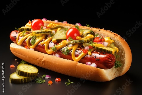 Delicious Hot Dog with Mustard Ketchup Pickles and More Toppings Generative AI