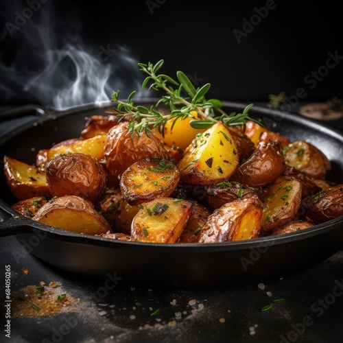 Herb-infused roasted potatoes in a rustic dish, highlighted by the warm glow of soft, ambient lighting. Perfectly golden and seasoned