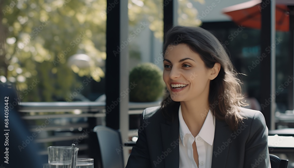 Fototapeta premium A confident and capable professional woman is having a pleasant discussion with client at an outdoor cafe. 