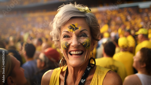 Face of senior happy lady with face art. Soccer team fan, sport event, faceart and patriotism concept. Stadium shot, copy space. Brazilian color green and yellow photo