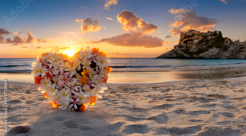 Romantic Beach Sunset: Heart-Shaped Tropical Flower Arrangement on Sandy Shore photo