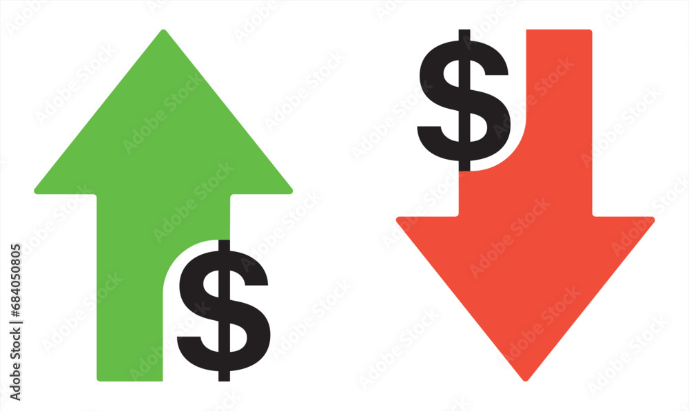 Dollar increase and decrease icon. Cost reduction icon price lower arrow. Colorful cost reduction signs. Financial benefit concept. Vector illustration Dollar increase and decrease icon. Cost reduction icon price lower arrow. Colorful cost reduction signs. Financial benefit concept. Vector illustration