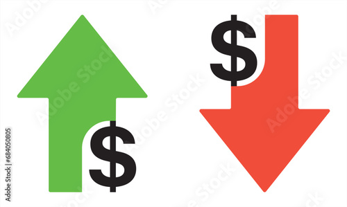 Dollar increase and decrease icon. Cost reduction icon price lower arrow. Colorful cost reduction signs. Financial benefit concept. Vector illustration