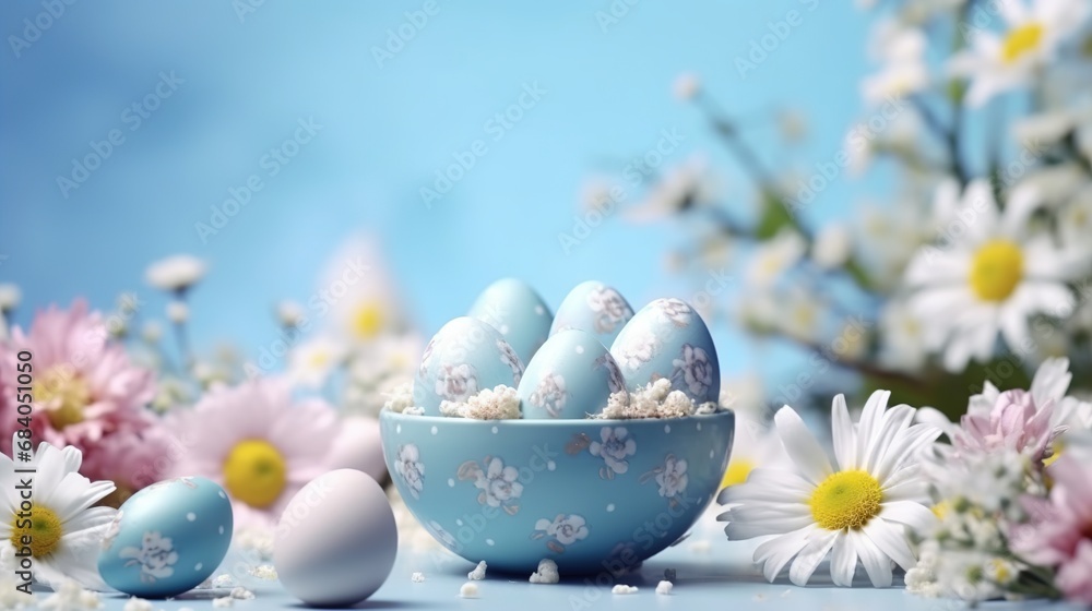 Blue easter eggs and spring flowers on blue background. 3d illustration - obrazy, fototapety, plakaty 