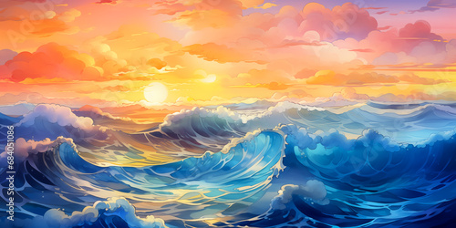 Sunset ocean wave blue, aqua, teal painting. Romantic purple sky, water waves banner graphic resource as background for seascape ocean waves. Tropical beach vacation travel art by Vita for copy space