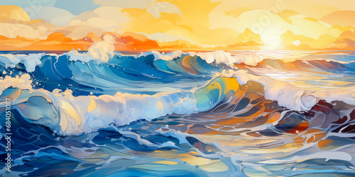 Sunset ocean wave blue, aqua, teal painting. Romantic gold sky, water waves banner graphic resource as background for seascape ocean waves. Tropical beach vacation travel art by Vita for copy space