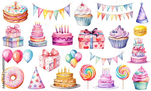 Set of watercolor objects for birthday and party design, isolated on transparent background