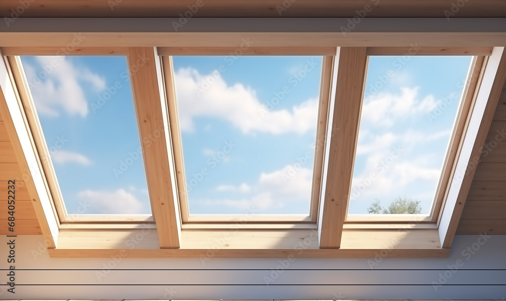 Fototapeta premium Mansard roof with skylight at modern apartment with interior design.