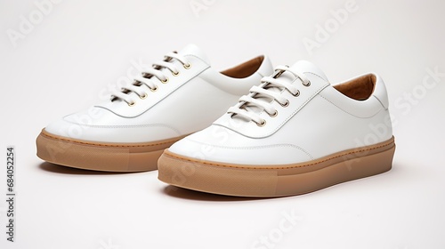 Men's white sneakers on the table. Shallow depth of field