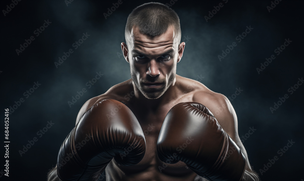Muscular young man wearing boxing gloves before a fight against black background