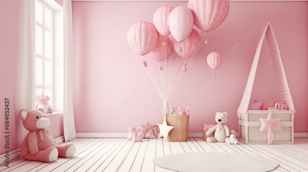 3d rendering of pink baby room interior with balloons and furniture.
