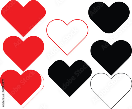 Red and Black collection of Love Heart Symbol Icons. Love Illustration Set with Solid and Outline Vector Hearts