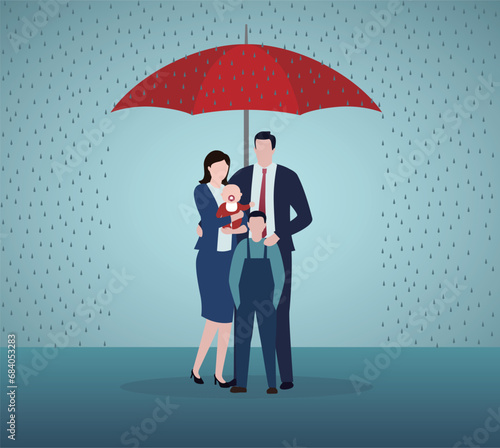 Family under umbrella. Concept of life insurance, protection of health and life of children for travel or vacation. Healthcare and medical service.