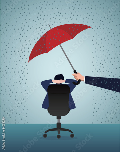 Insurance, protection concept. Man sitting in chair leisurely.