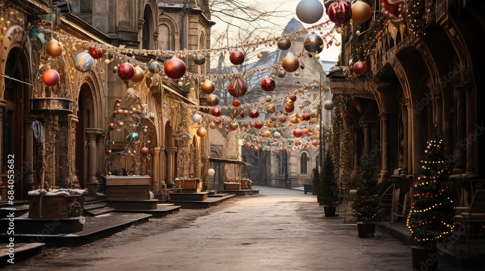 Fototapeta premium Christmas, Christmas houses stand in a magical forest