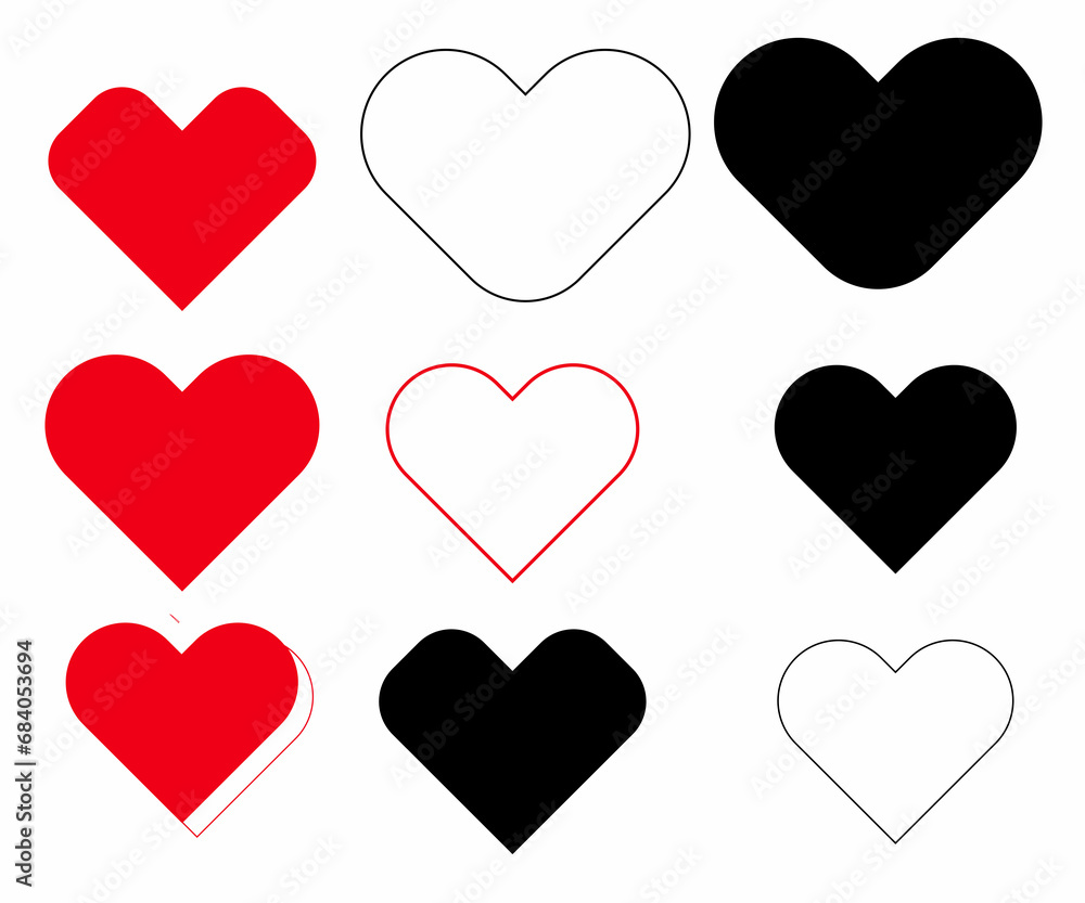 Red and Black collection of Love Heart Symbol Icons. Love image Set with Solid and Outline illustration Hearts