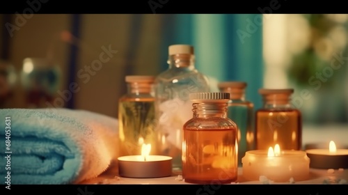 Beautiful spa composition with candles on table in room  closeup