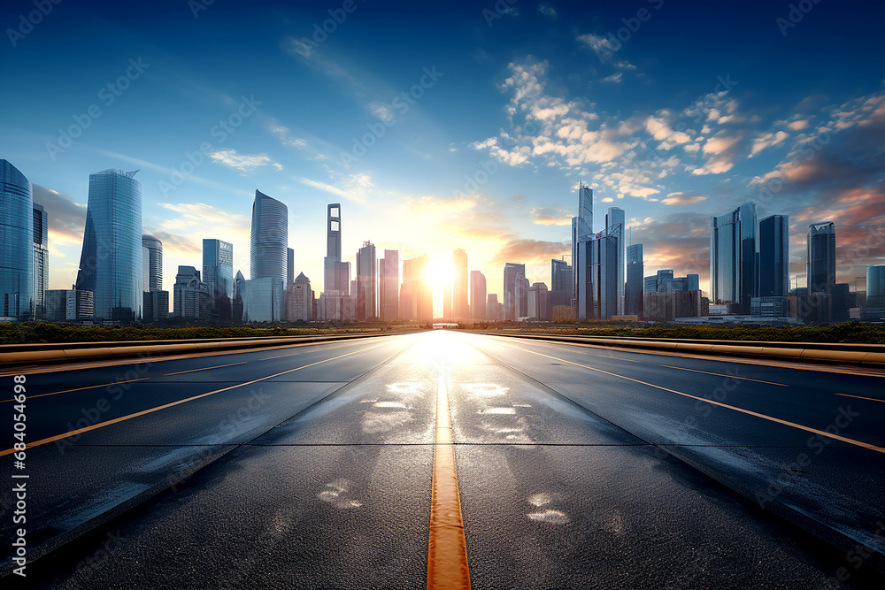 Portrait of business city center with lens flare effect. Glass reflection of tall buildings, tall buildings in urban areas. Blurred sunlight shines through. Generative AI