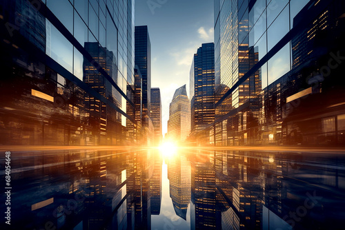 Portrait of business city center with lens flare effect. Reflective skyscrapers, glass reflection of tall buildings, modern buildings in urban areas. Blurred sunlight shines through. Generative AI	 photo