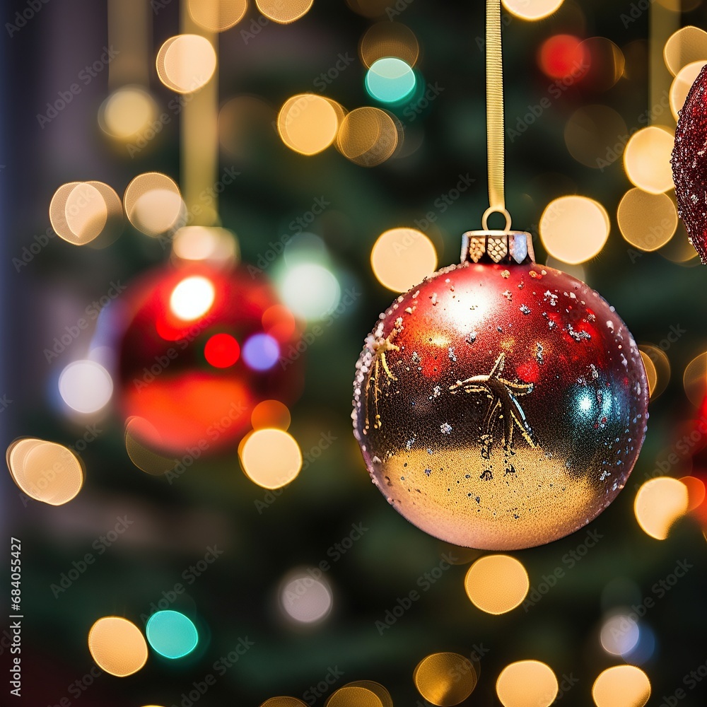 Fototapeta premium Christmas and New Year's Eve holiday background. Christmas tree with decorations, gifts. with bokeh background with blurred yellow lights and shining stars.