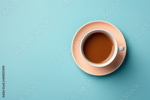 Teacup on soft blue surface Overhead perspective