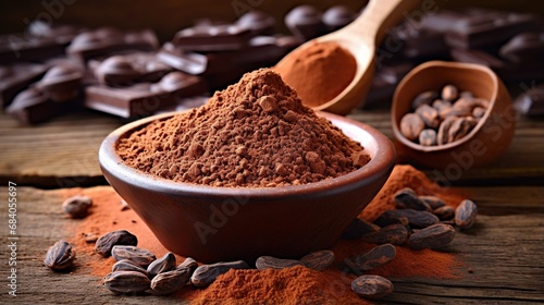 chocolate powder in a container, Raw cocoa beans, bowl with cocoa powder, chocolate in a sack