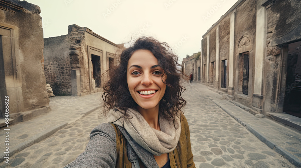 Portrait of a woman walking in Pompei, Italy