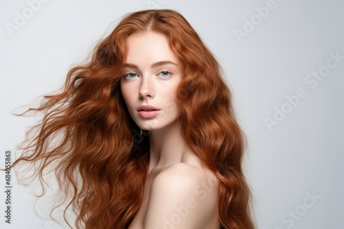 Healthy wavy hair of a woman against a white backdrop