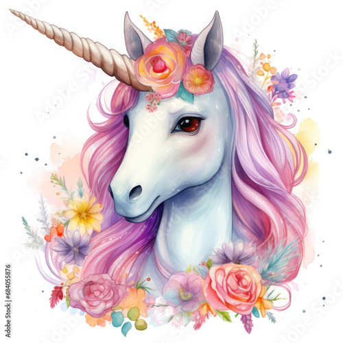Cute colorful magic unicorn with flowers Illustration, Generative Ai