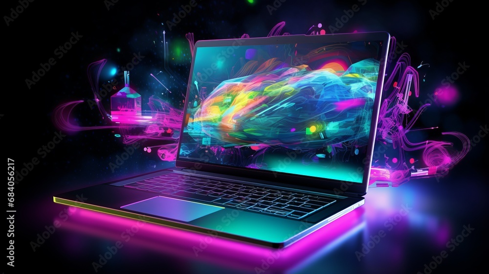 neon glow: futuristic computer technology illustration with vibrant laptop, ideal for cover backgrounds and modern projects - obrazy, fototapety, plakaty 