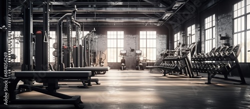 Modern gym interior with fitness equipment. 3d rendering toned image