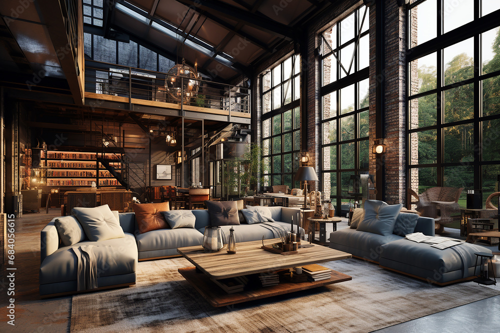 Modern industrial living room mockup. Home interior with concrete walls, wide glass panoramic windows, grey sofa, and ornamental plant. Cozy and stylish home interior design. Generative AI
