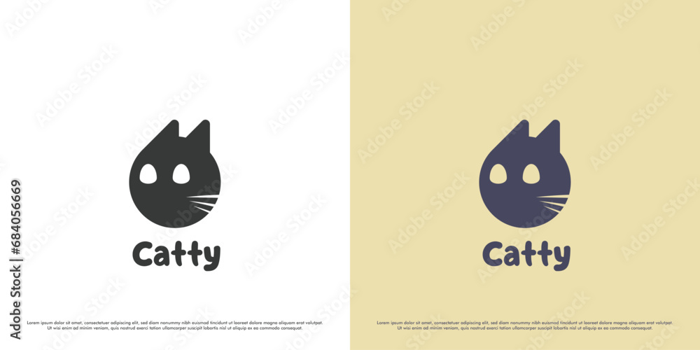 Cute cat logo design illustration. Silhouette of cute baby pet cat in circle shape cartoon. Minimalist creative abstract character simple flat icon concept. - obrazy, fototapety, plakaty 