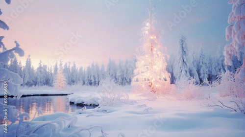 Painting of a snow-covered forest in the early morning with a Christmas tree that glows with Christmas light, made with small strokes, digital painting