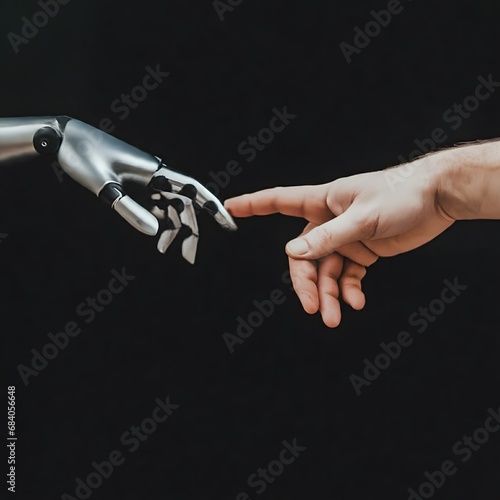 The human finger delicately touches the finger of a robot's