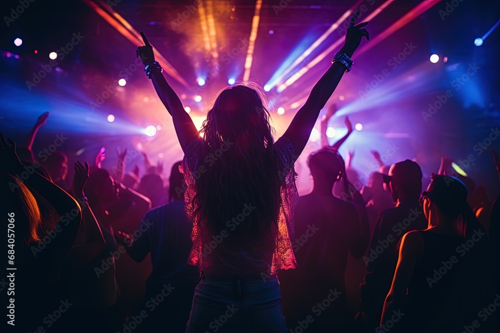 Night party - large group of young people are dancing in a nightclub. Sexy young woman in the spotlight. Night party - large group of young people are dancing in a nightclub. Sexy young woman in the spotlight.