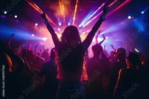 Night party - large group of young people are dancing in a nightclub. Sexy young woman in the spotlight.