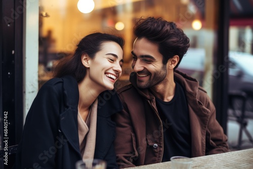 Smiling dating young couple sitting outside a cafe having fun together © Adriana