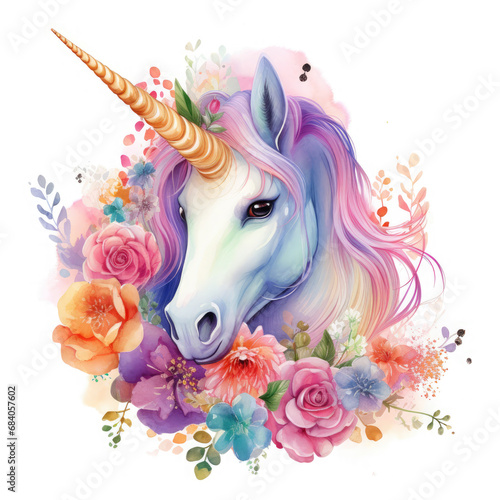 Cute colorful magic unicorn with flowers Illustration, Generative Ai © Creative Artist