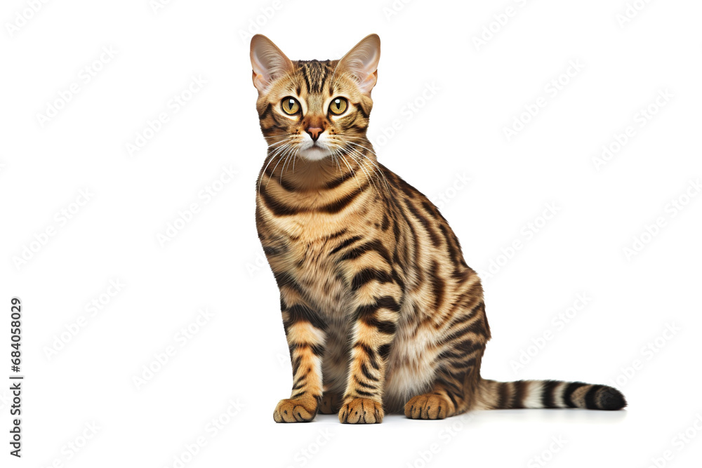 Fototapeta premium Image of a bengal cat full shape on white background. Mammals. Pet. Animals.